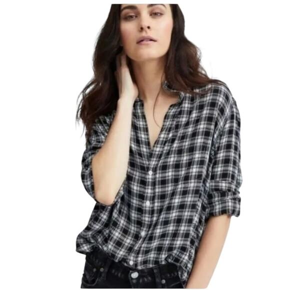 Frank & Eileen Black and White Modal Plaid Button Up Long Sleeve Top Size Medium - Picture 1 of 12